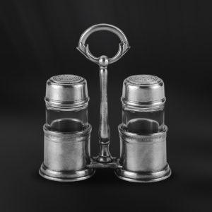 Set porta sale e pepe salino in peltro e vetro con manico (Art.645)